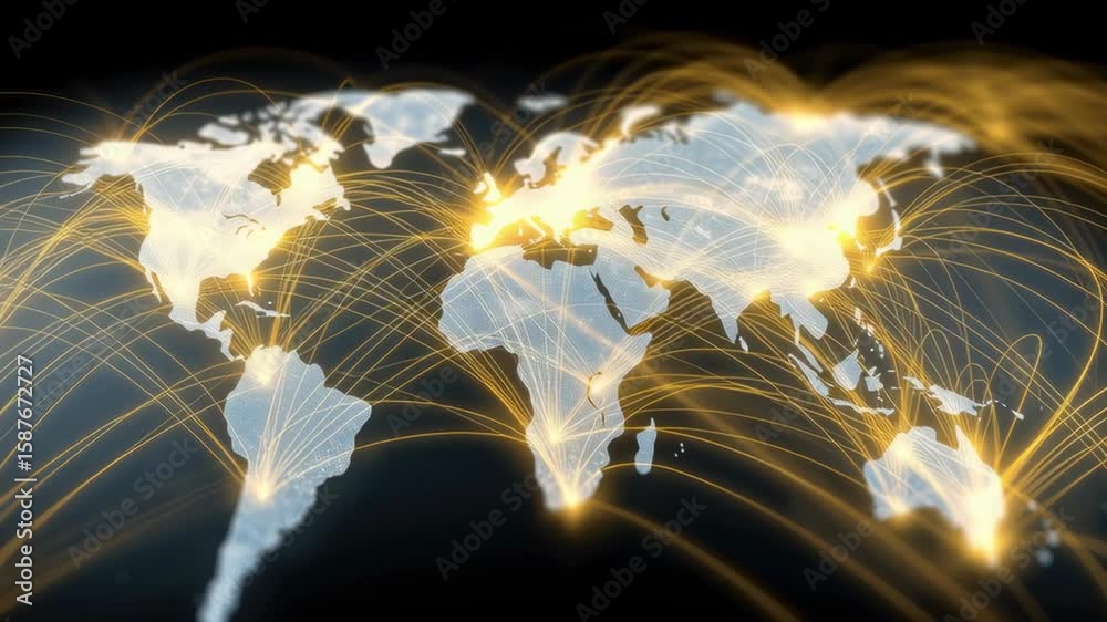 Poster global network connection with illuminated map and data streams representing communication flow