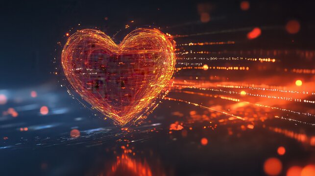Glowing heart shape with digital connections and red light streaks on a dark blue background