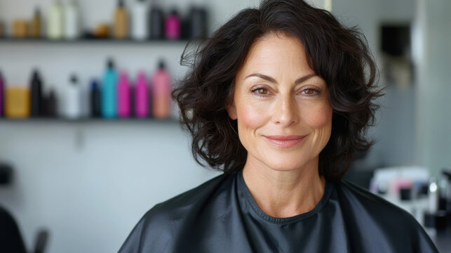 Portrait of a middle-aged woman with a square face, dark curly hair, and a warm expression, dressed as a hair stylist in a salon. 