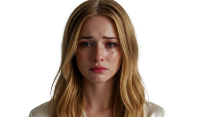 Portrait of a crying woman with blonde hair and tears streaming down her face in a close up shot