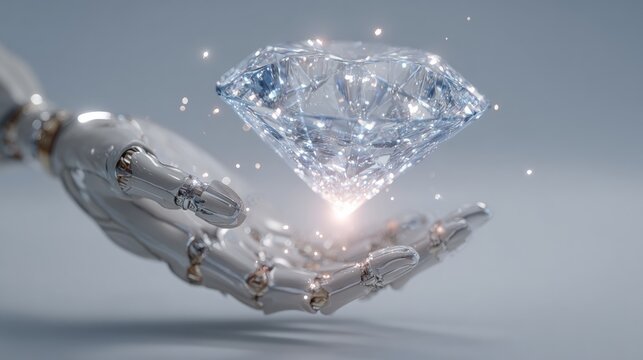 A robotic hand gracefully holds a sparkling diamond, symbolizing the fusion of technology and luxury in a futuristic setting.