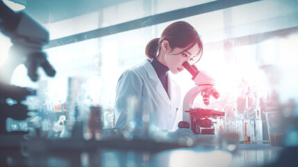 Young Female Scientist Using Microscope in Modern Laboratory with Scientific Equipment