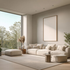 A photo of a large white picture frame on the wall in an elegant living room, with a simple and minimalistic style