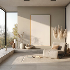 A photo of a large white picture frame on the wall in an elegant living room, with a simple and minimalistic style