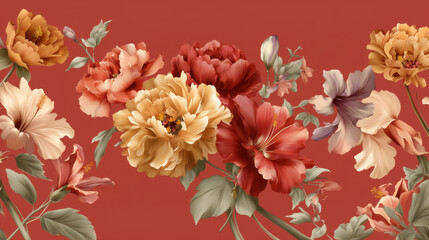 Elegant Vintage Floral Pattern with Colorful Peonies and Hibiscus on Red Background