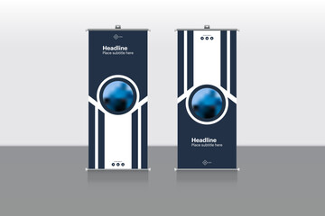 Vertical business roll-up banner template suitable for brochures, businesses, flyers, and infographics. Features modern x-banner and flag-banner advertising styles—available in vector EPS 10 format.