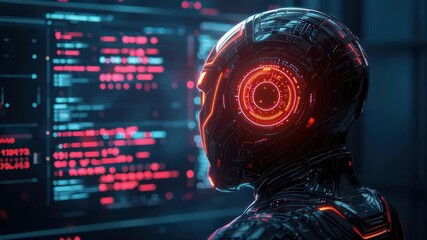 Futuristic Robot with Neon Lights Analyzing Digital Data in High-Tech Environment - Powered by Adobe