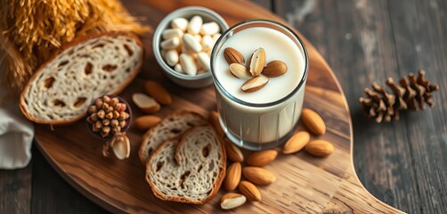 Almond milk glass, bread slices, dried plants, wooden board, overhead shot,  drink,   macro