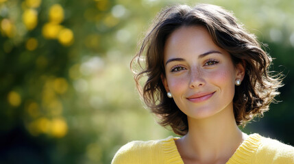 Naklejka premium Portrait of a woman with a heart-shaped face, medium-length brown hair, and a gentle smile, wearing a soft yellow cardigan and pearl earrings, enjoying a sunny spring day. 