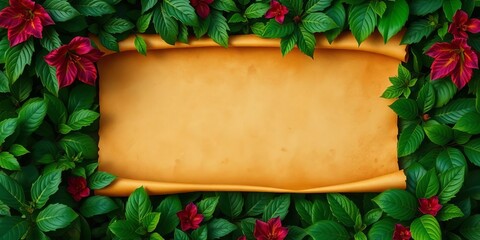 Aged parchment scroll framed by lush, vibrant green leaves and foliage, natural, plant life