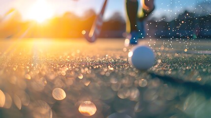 Golden hour field hockey game with a player and ball in motion
