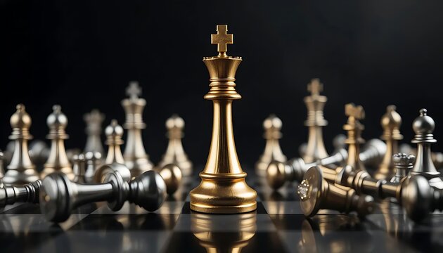 A powerful conceptual image featuring a single golden queen chess piece standing upright on a black chessboard, surrounded by fallen silver chess pieces