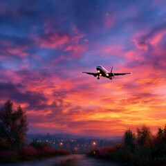 Airplane Ascension: A Plane Taking Flight Against a Vivid, Colorful Sunset Sky
