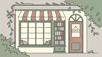 Cozy bookstore shop front with open sign and awning illustration for book lovers and readers design