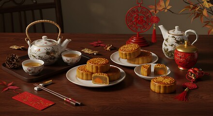a table setting for a festive meal, featuring exquisite Chinese porcelain dishes with delicate red and gold patterns, chopsticks, and a festive centerpiece of red flowers. The table is set but unoccup