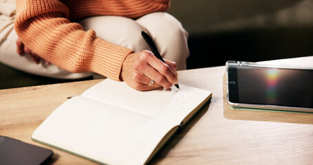 Hands, to do list and person writing on notebook in home for reminder, agenda or planning with...