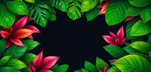 Lush tropical leaves create a vibrant, green frame around a blank central space,  photography,  visual