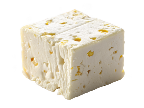 Close up of a cube of white cheese with yellow specks isolated on transparent background