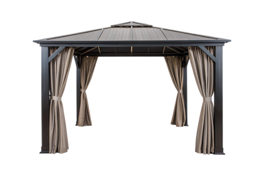 Dark metal gazebo with tan curtains and peaked roof outdoor structure