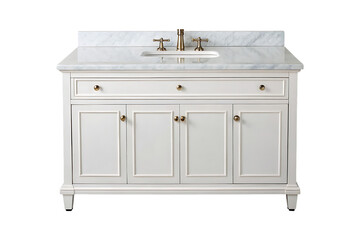 White vanity with marble top and brass fixtures countertop sink