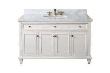 White vanity with marble top and brass fixtures countertop sink