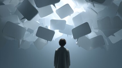 Silhouette of person facing cloud of floating speech bubbles symbolizing overwhelming thoughts, anxiety and mental noise perfect for World Mental Health Day awareness visuals and therapy themes