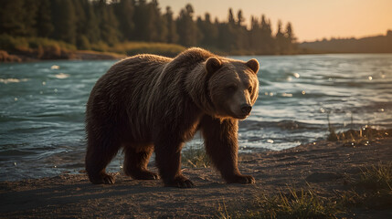 Photorealistic Brown Bear at Riverbank During Sunset – Cinematic Wildlife Scen