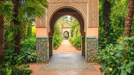 Moorish garden walkway, arches, lush foliage