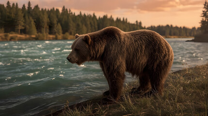 Photorealistic Brown Bear at Riverbank During Sunset – Cinematic Wildlife Scen