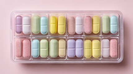 Colorful pastel capsules in transparent blister pack on soft pink background symbolizing mental health medication, treatment and daily support perfect for World Mental Health Day visuals