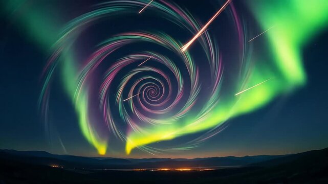 Ethereal Aurora A mesmerizing dance of light, swirling patterns, and shooting stars against the night sky, creating a captivating cosmic dreamscape.