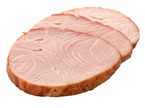 Three slices of smoked ham steak with visible grain and fat isolated on transparent background