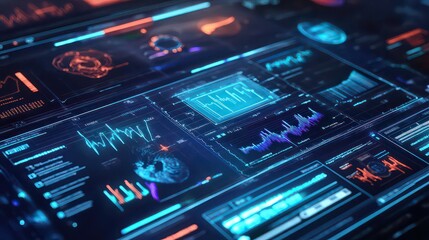 Digital interface displaying various data visualizations and charts in blue and orange hues