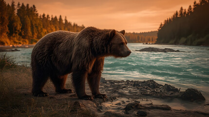 Photorealistic Brown Bear at Riverbank During Sunset – Cinematic Wildlife Scen