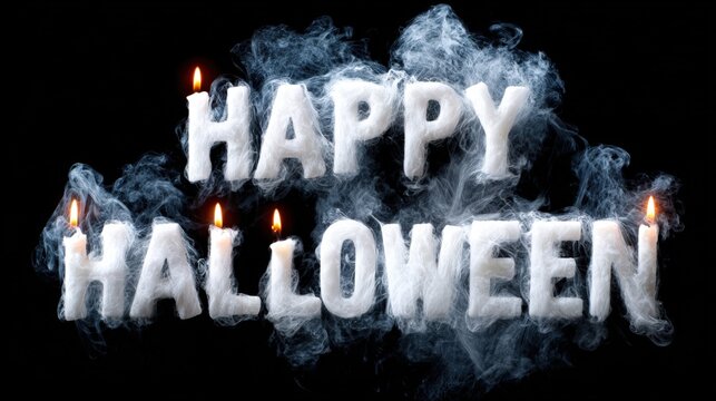 "Happy Halloween" text with candle flames and smoke on a dark background, creating a spooky atmosphere.