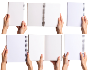 Set of male and female hands holding blank notebooks and journals in various styles isolated on transparent background PNG