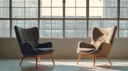 Two cozy armchairs facing each other in sunlit loft with large windows creating a warm and supportive atmosphere perfect for World Mental Health Day visuals on safe conversation spaces