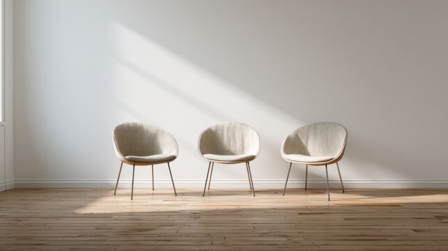 Three modern chairs in minimal bright room with sunlight symbolizing therapy session environment and openness perfect for World Mental Health Day visuals and counseling concepts - Powered by Adobe
