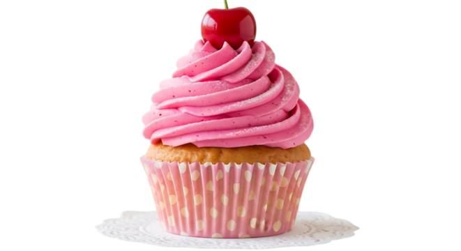 Pink frosted cupcake with cherry topping pink frosting - Powered by Adobe