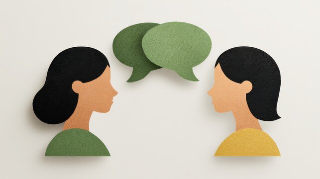 Minimal paper-style illustration of two women facing each other with overlapping green speech bubbles symbolizing open communication, mental health support and therapeutic dialogue