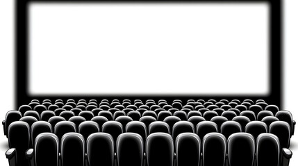 Blue cinema hall with white blank screen and empty seats. Concept of movie theater, entertainment, and leisure