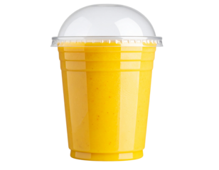 Yellow tropical smoothie in clear plastic cup with dome lid isolated on transparent background PNG