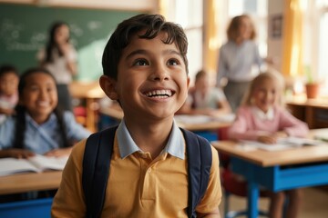 Smiling student with backpack in classroom with teacher and other students in the background focus on front