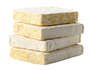 Stack of four raw tempeh blocks with visible soybeans and white mycelium isolated on transparent background