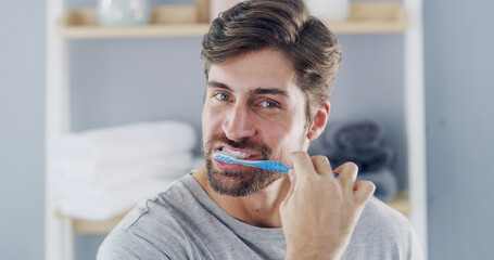Man, portrait and brushing with toothbrush for dental care, hygiene or oral health in bathroom....