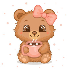 Cute Cartoon Brown Bear with Pink Hair Bow and Mug with Hot Chocolate. Vector illustration of the animal on a pink background with stars.