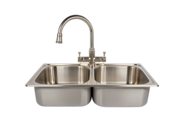 Stainless steel double bowl kitchen sink with arched faucet image