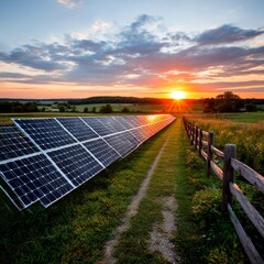 Solar Panels in a Rural Landscape at Sunset: A Sustainable Energy Future with Idyllic Scenery and a Picturesque Farm Setting.