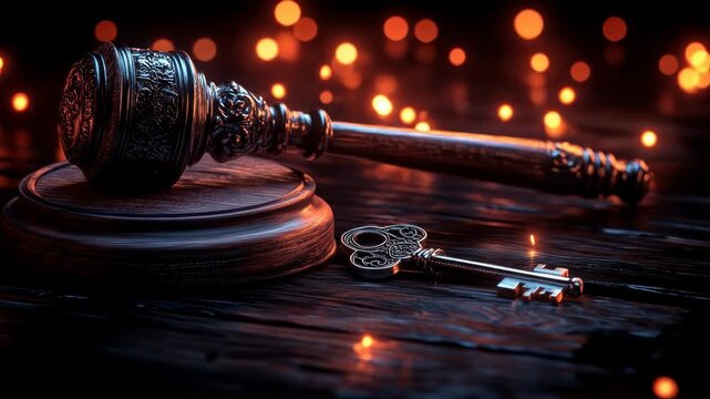 Ornate gavel and key on dark wooden table, lit by warm light