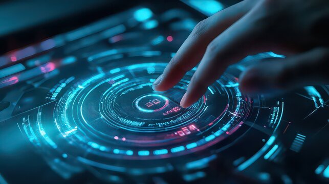Hand interacting with a glowing futuristic interface with circular design and digital elements display